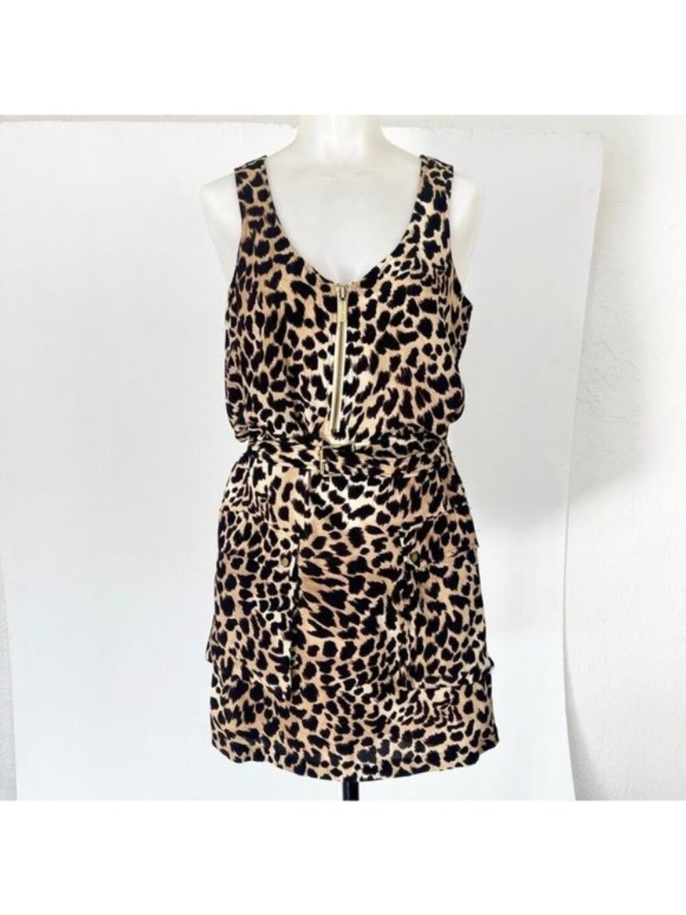 Michael Kors Leopard Print Zip Up Dress with Belt Small